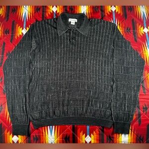 Anthology Top Mens L 100% Silk Black Polo Sweater Textured Grid Knit Pullover